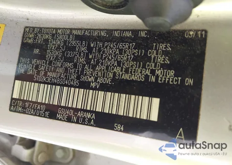 2011 Toyota Highlander Base V6 from USA, damaged, VIN 5TDZK3EH4BS040485